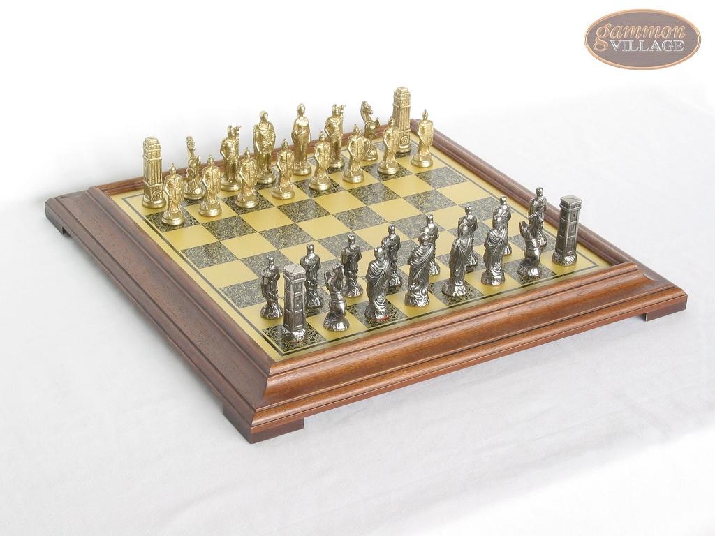 Brass Roman Chessmen with Italian Brass Chess Board [Raised] - Brass ...