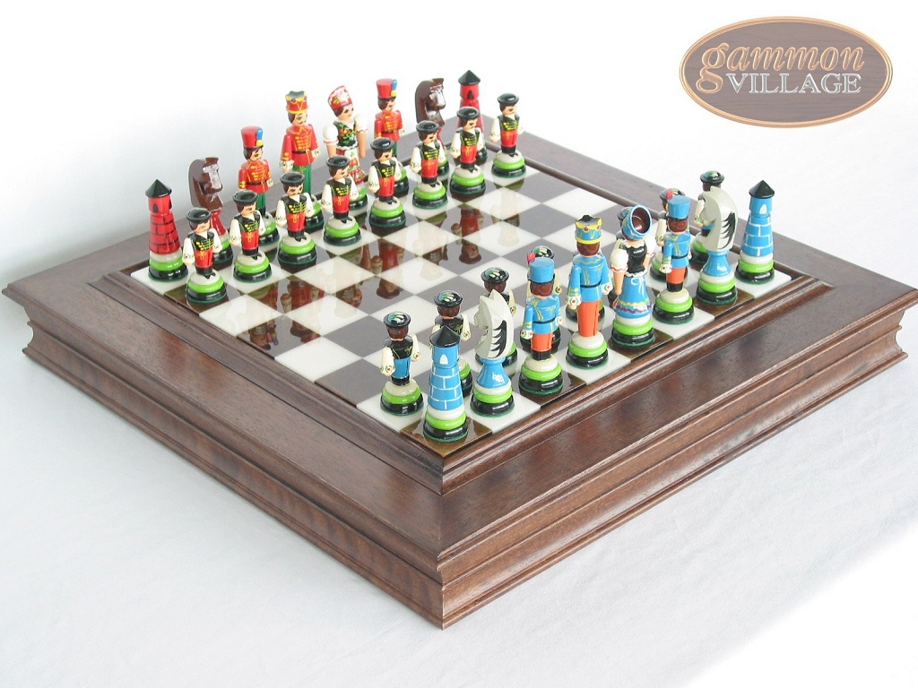 Hungarian Szur Chessmen with Italian Alabaster Chess Board with Storage ...