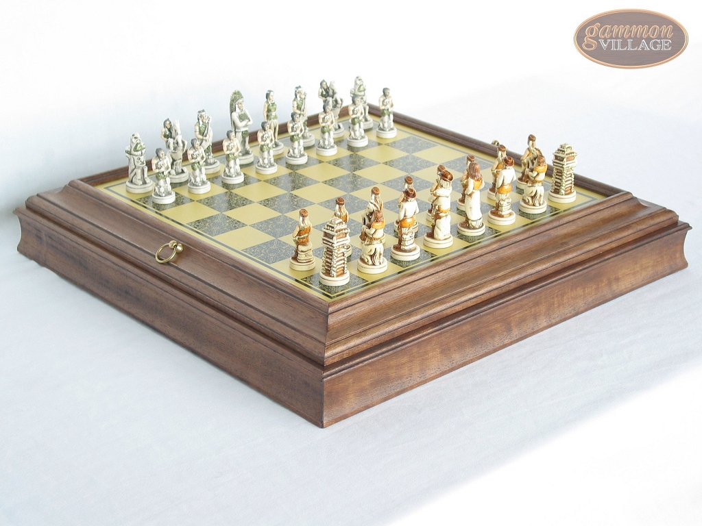 The Wild West Chessmen with Italian Brass Chess Board with Storage ...