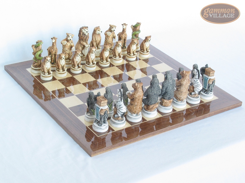 Jungle Life Chessmen with Spanish Lacquered Chess Board [Wood] - Animal